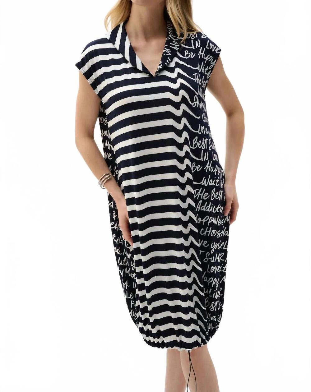 NEW JOSEPH RIBKOFF striped graphic cocoon dress in midnight blue/vanilla